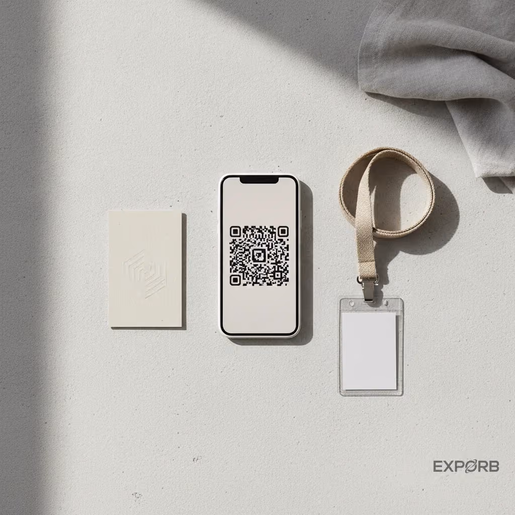 Smartphone scanning a trade show badge QR code — universal lead capture in action